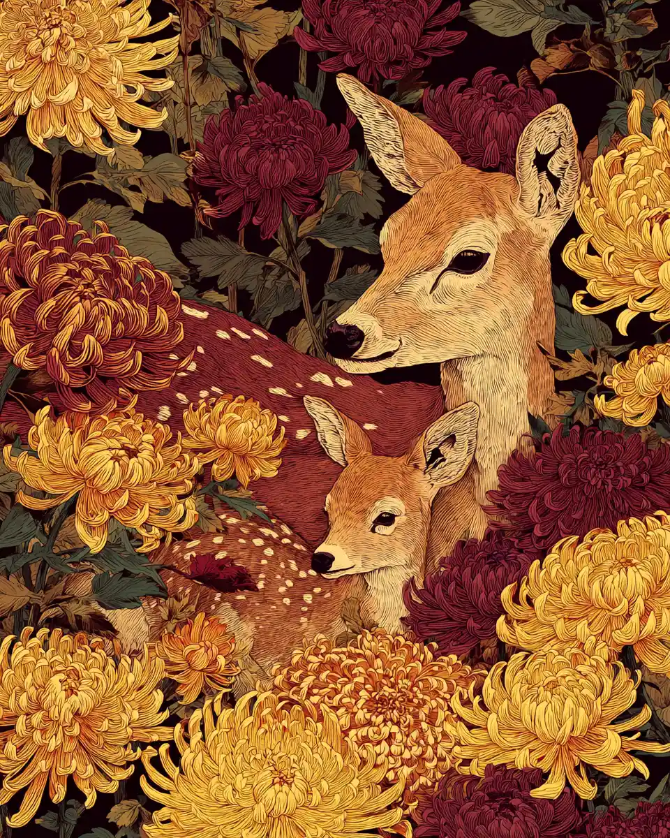 Mother deer and fawn among autumn chrysanthemums