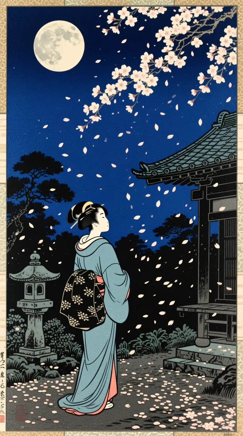 月色下日本庭園中的藝伎與飄落花瓣