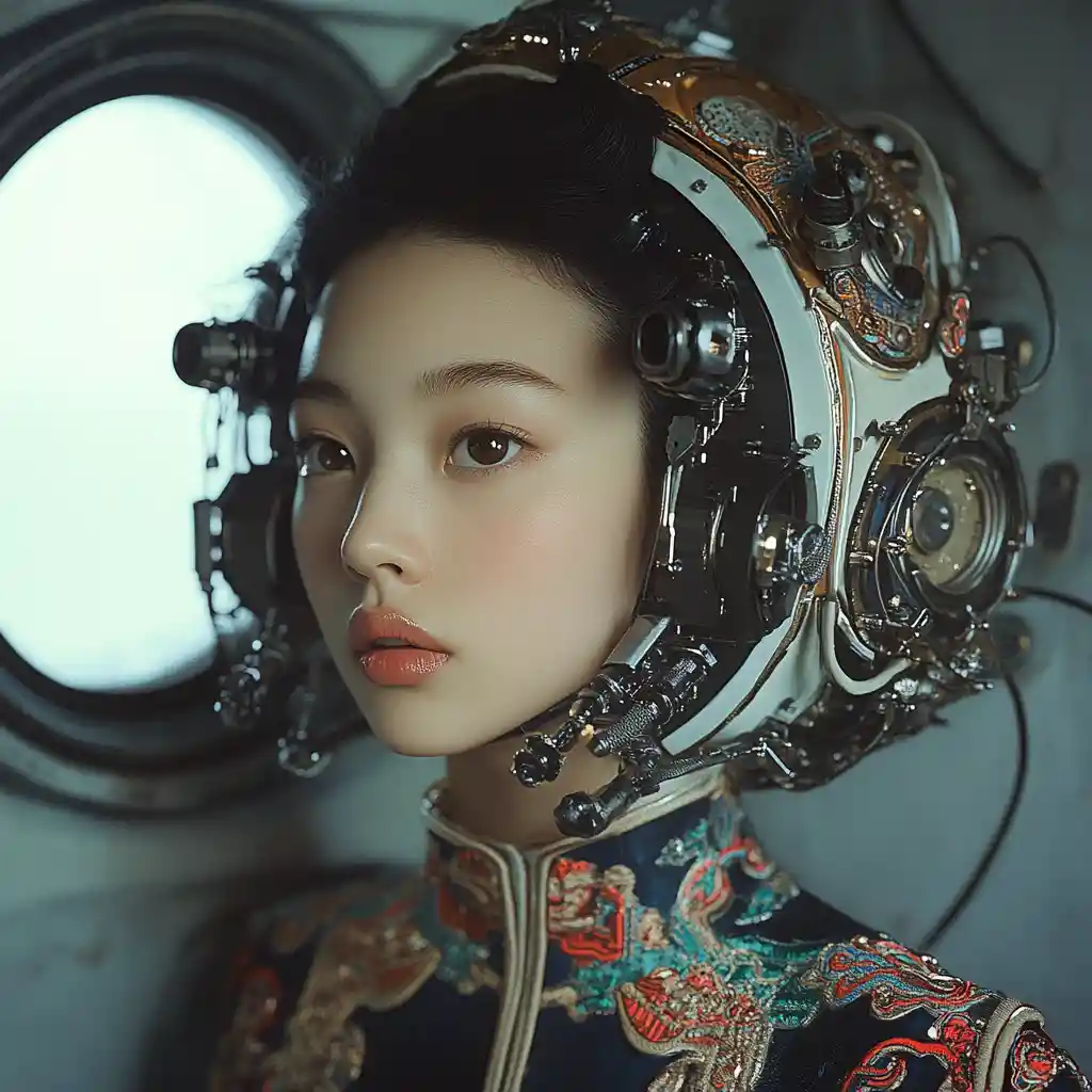 Futuristic portrait of an Asian woman in ornate tech suit