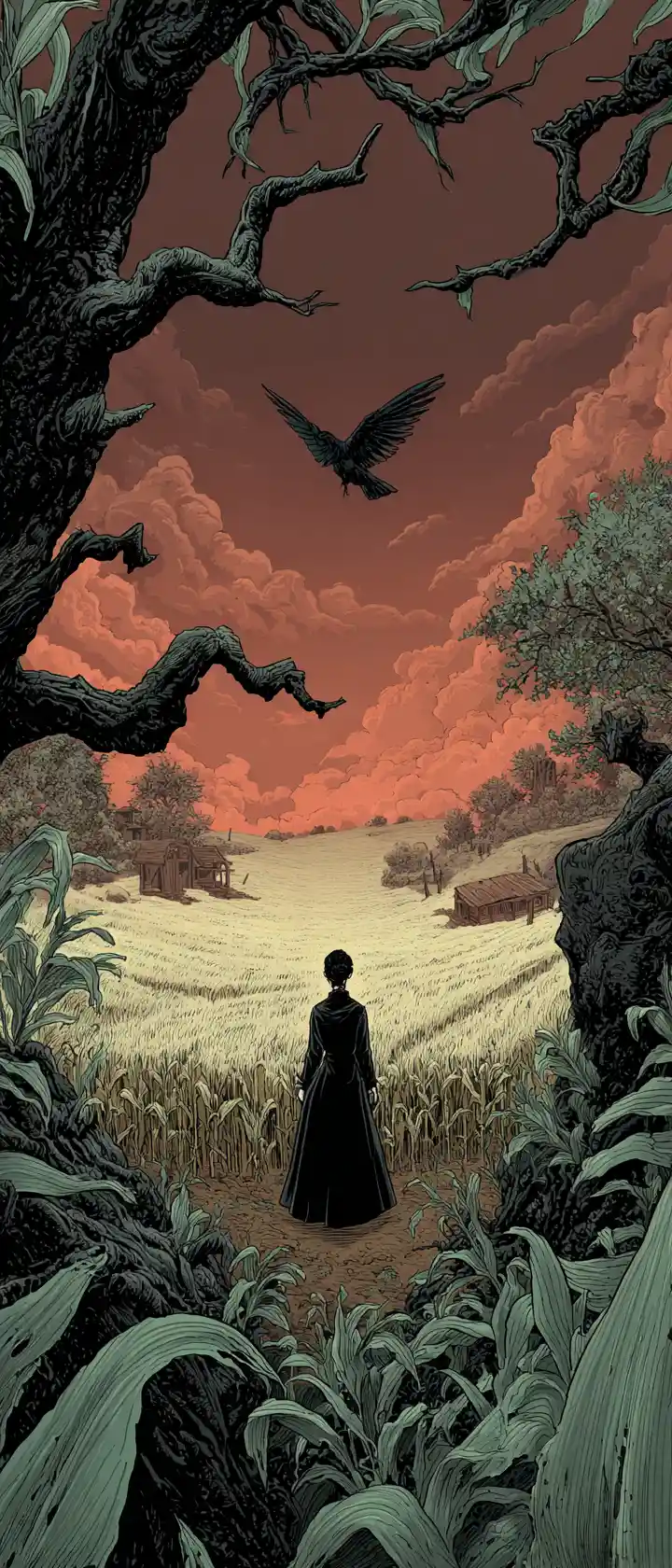 Gothic woman standing alone in an overgrown cornfield