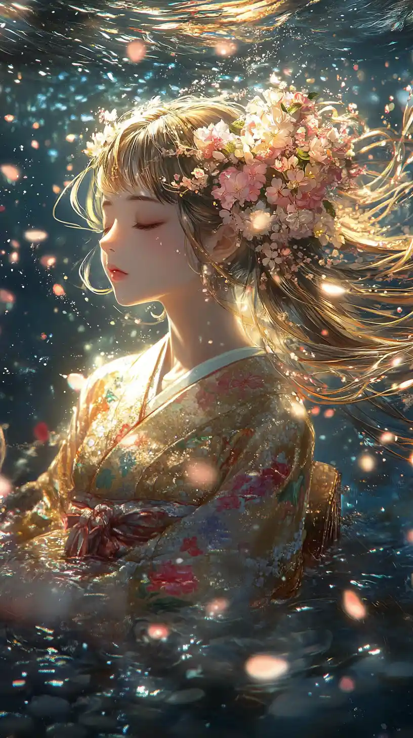Anime girl in floral kimono over shimmering dark water