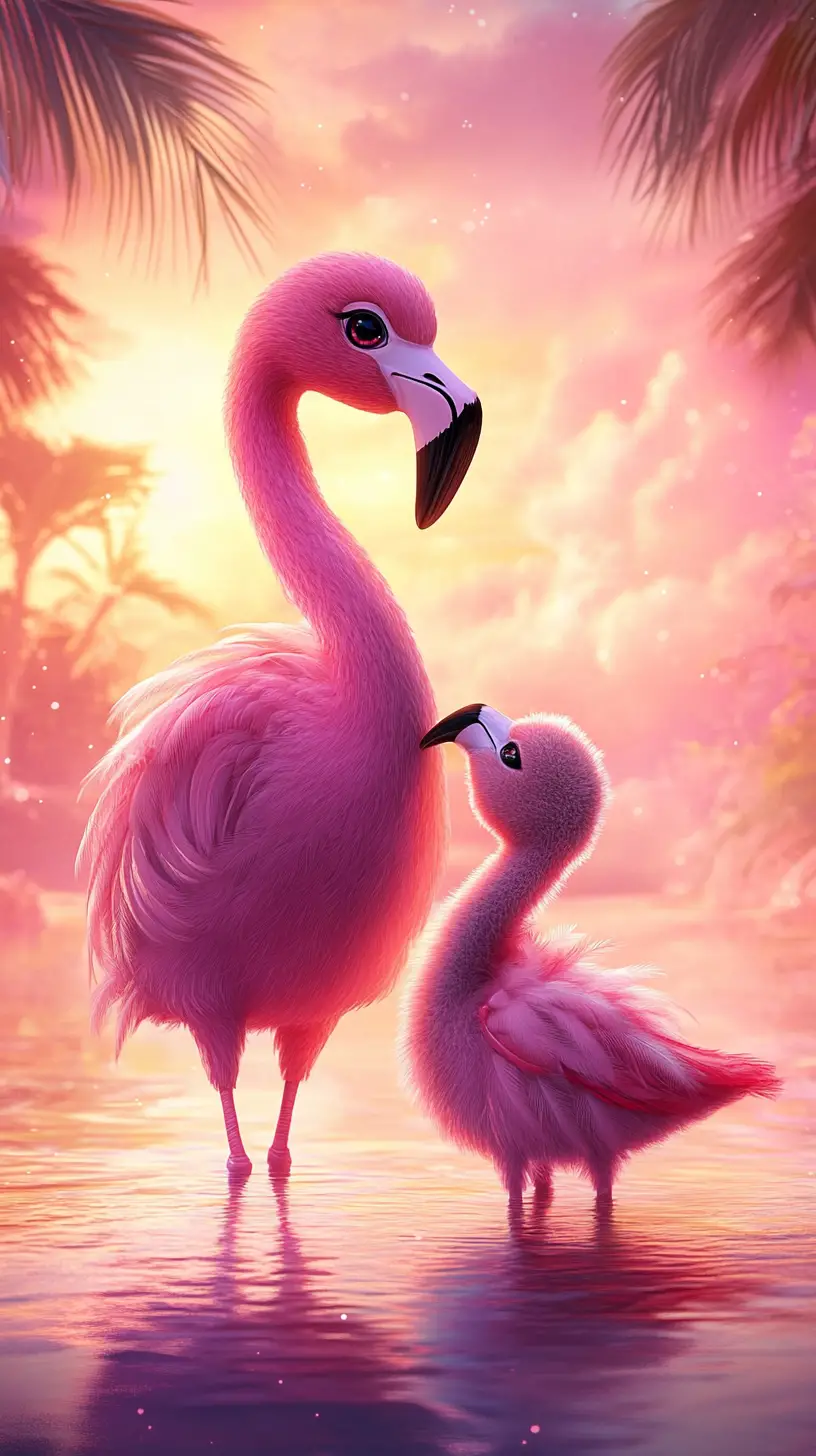 Kawaii-Flamingo-Mutter und Küken im tropischen Sonnenuntergang