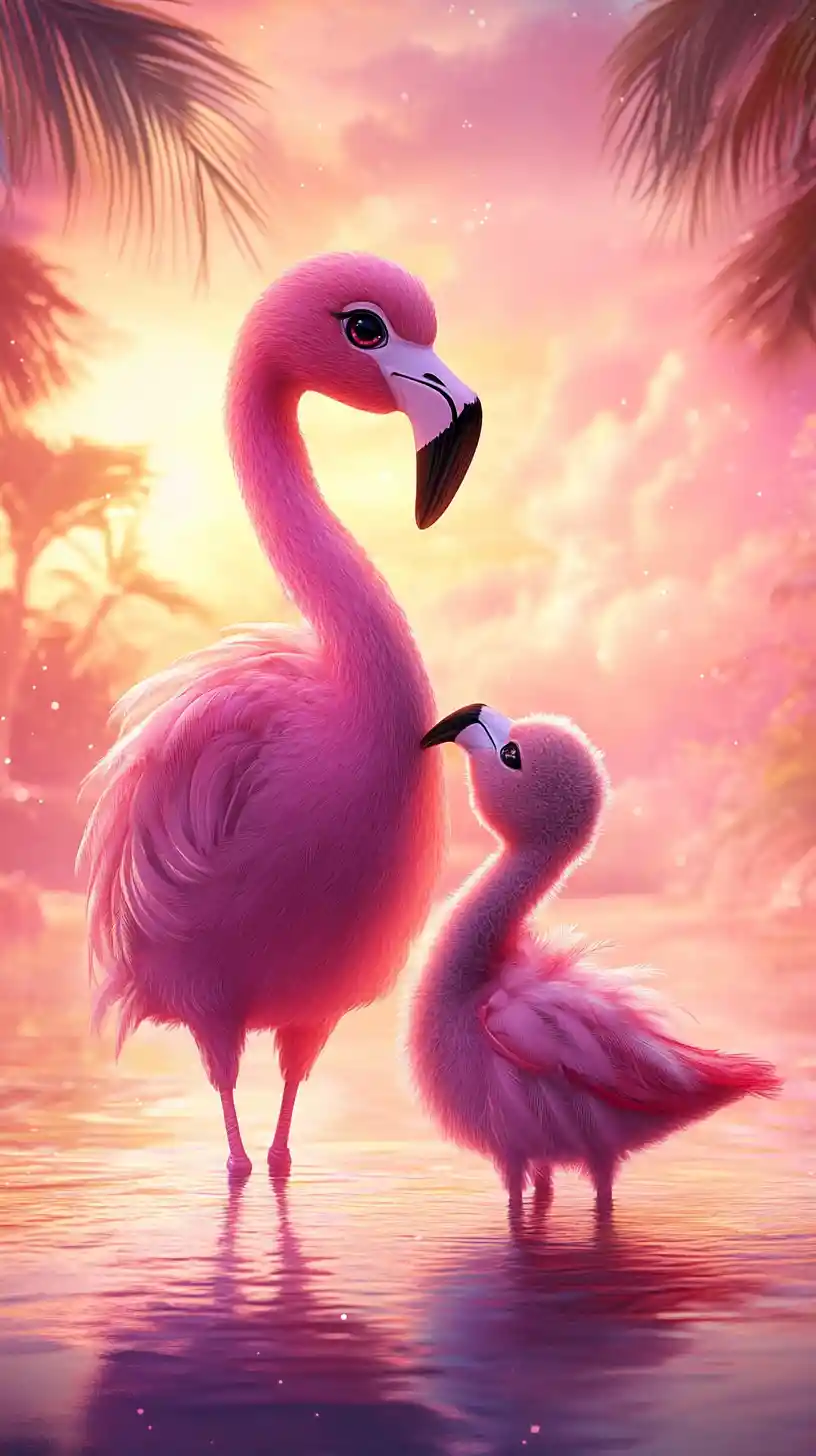 Mamma fenicottero kawaii e pulcino al tramonto tropicale