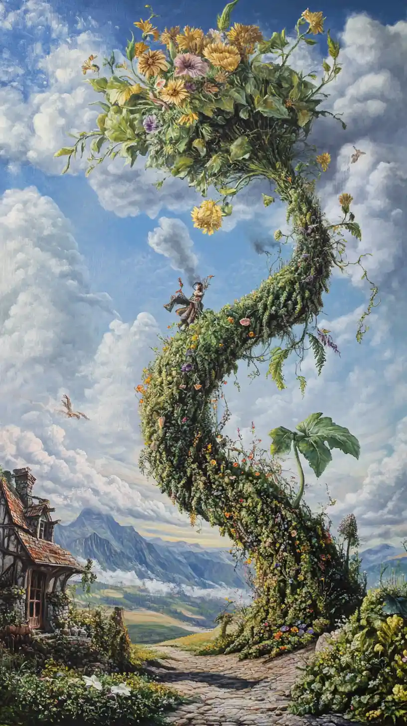 Surreal fantasy beanstalk scene with illusionary forms