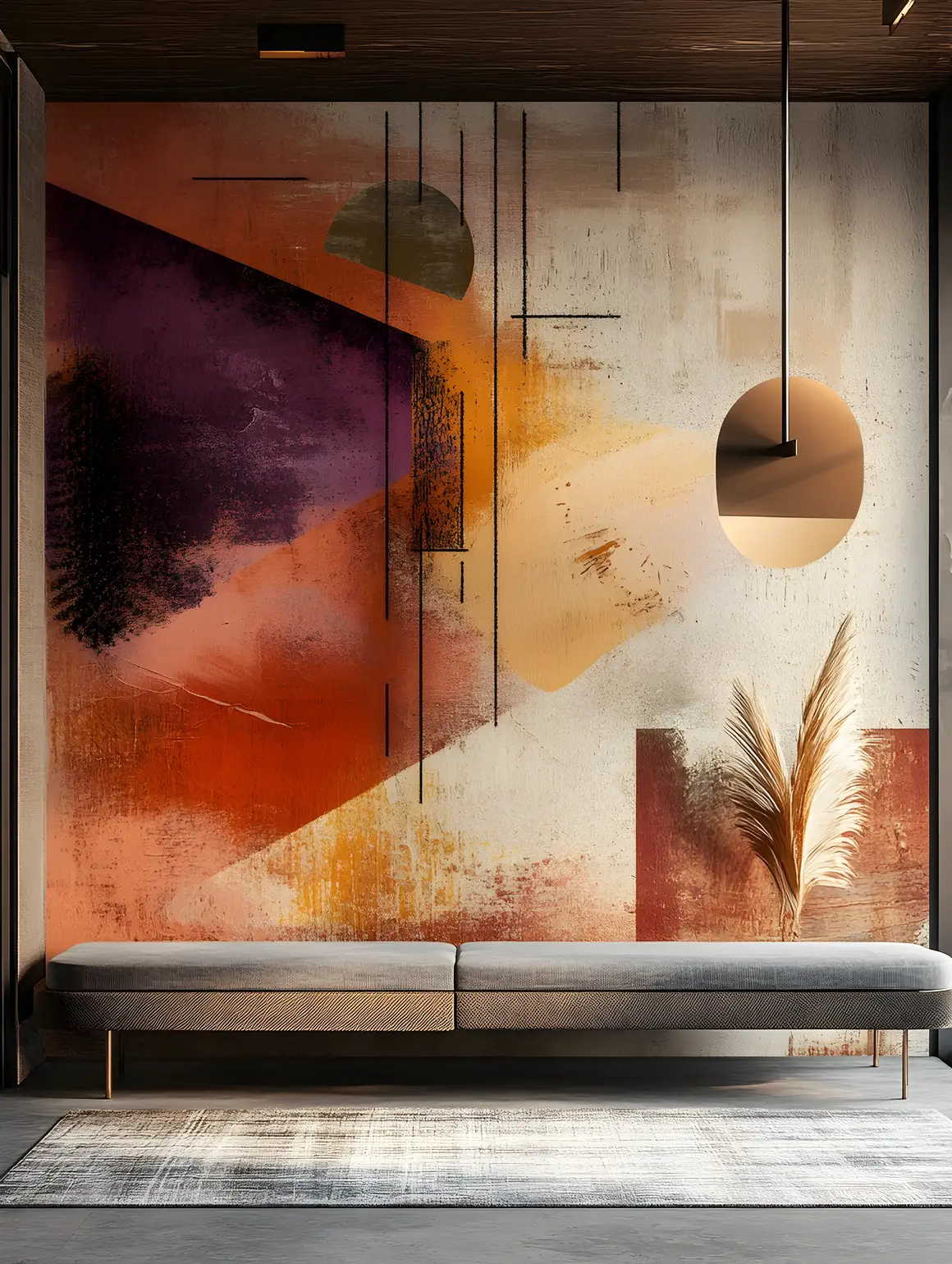 Salon rétro moderne avec fresque murale abstraite