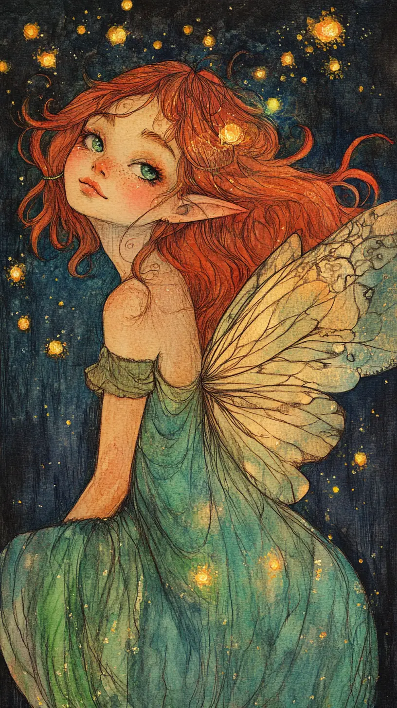 Red haired fairy girl watching glowing fireflies at night
