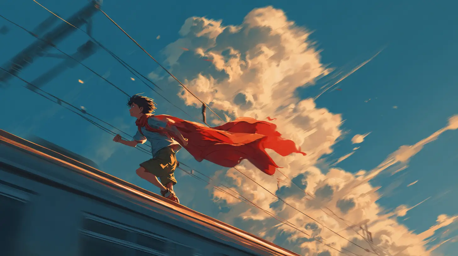 紅圍巾少年在天空列車上奔跑的動漫場景