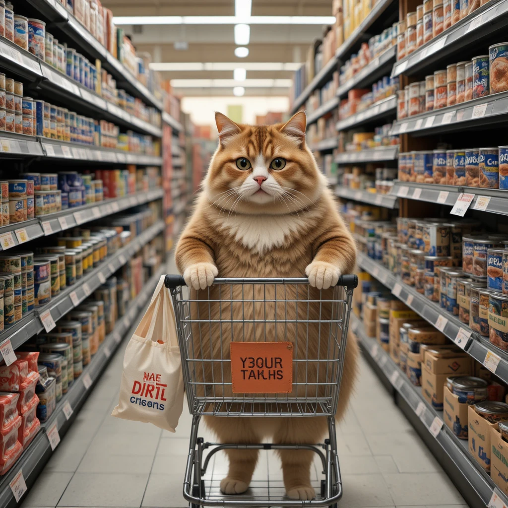 Cartoon cat pushing a grocery cart down store aisles