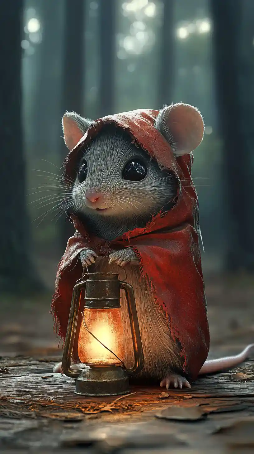 Tiny hooded mouse with lantern in dark forest