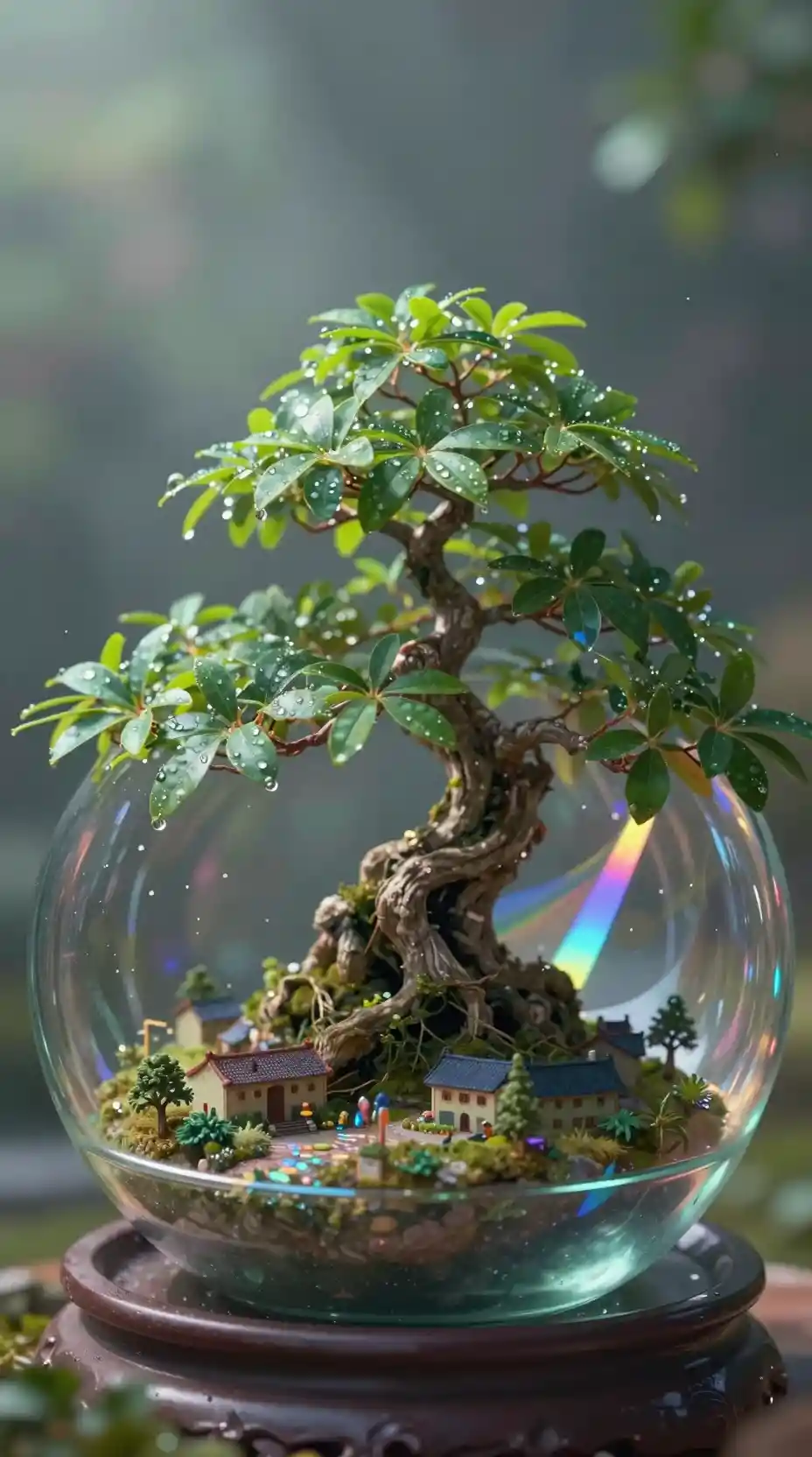 Vista macro dall’alto di un bonsai in una sfera di vetro
