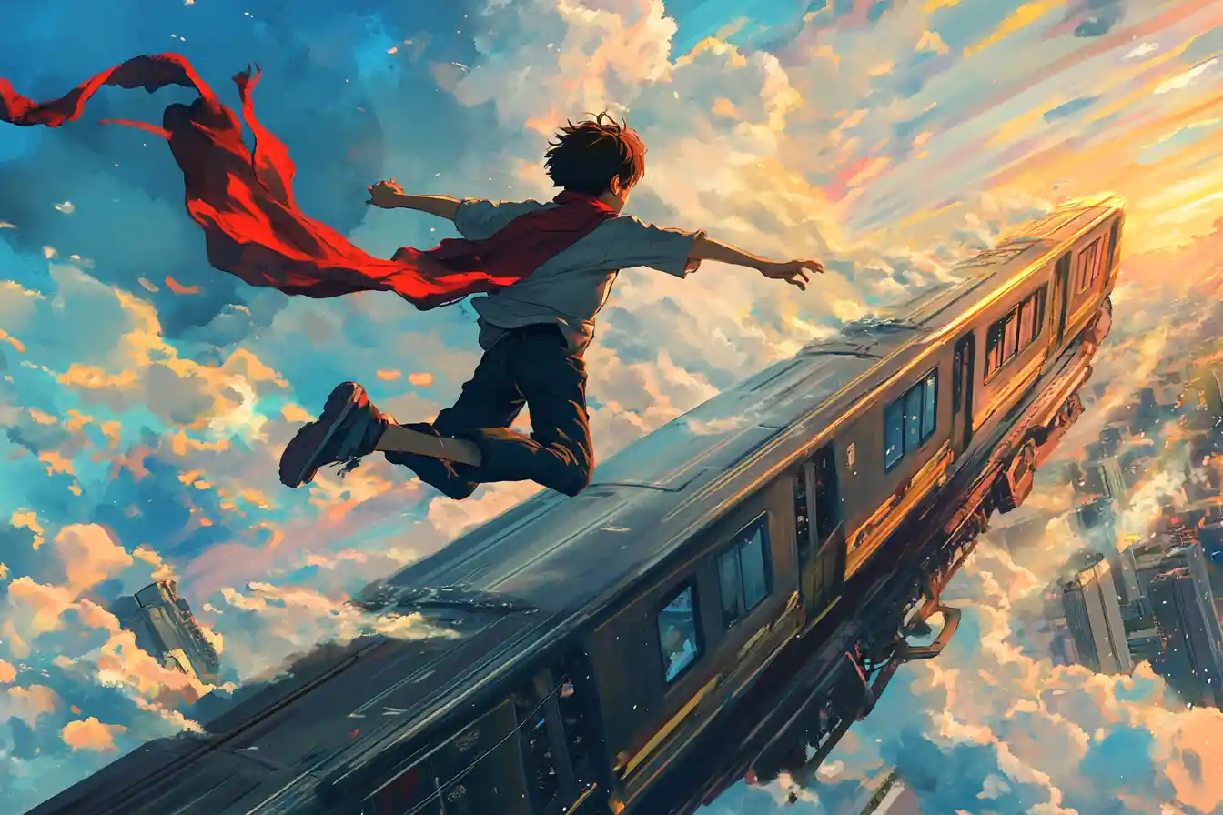 Teen boy running on a sky train with red scarf