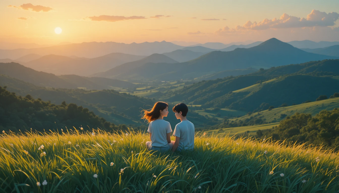 Casal de anime sentado em uma colina gramada e tranquila ao pôr do sol