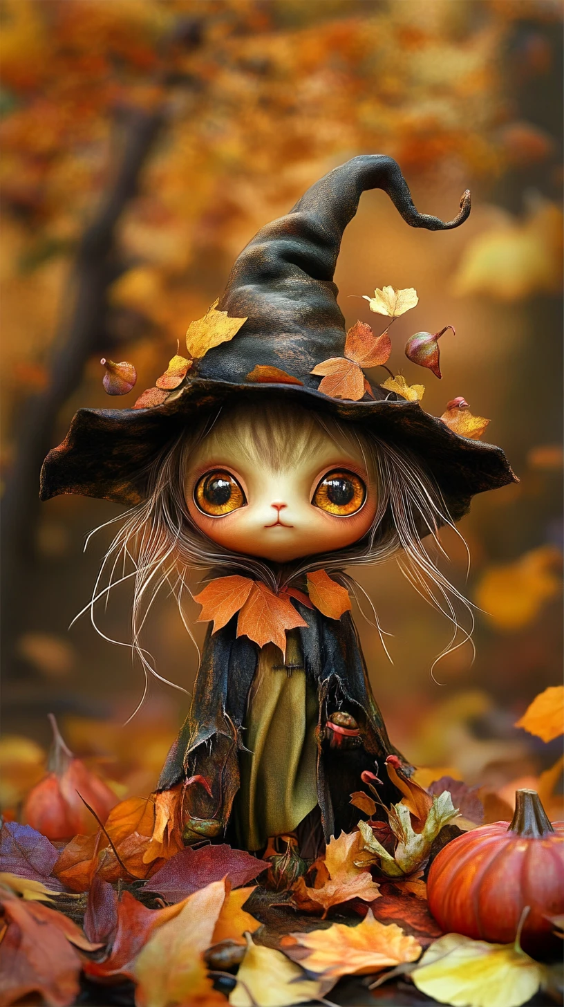 Whimsical fantasy creature in a vibrant halloween scene