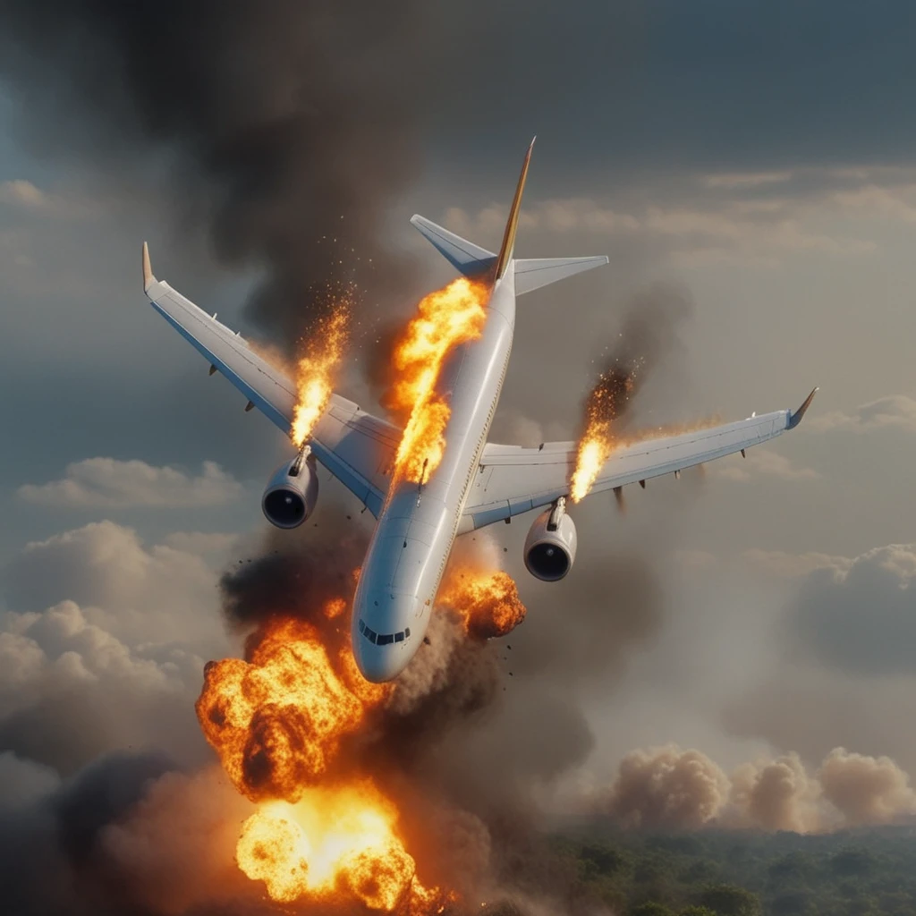 Avião de passageiros em espiral em chamas sobre o mar