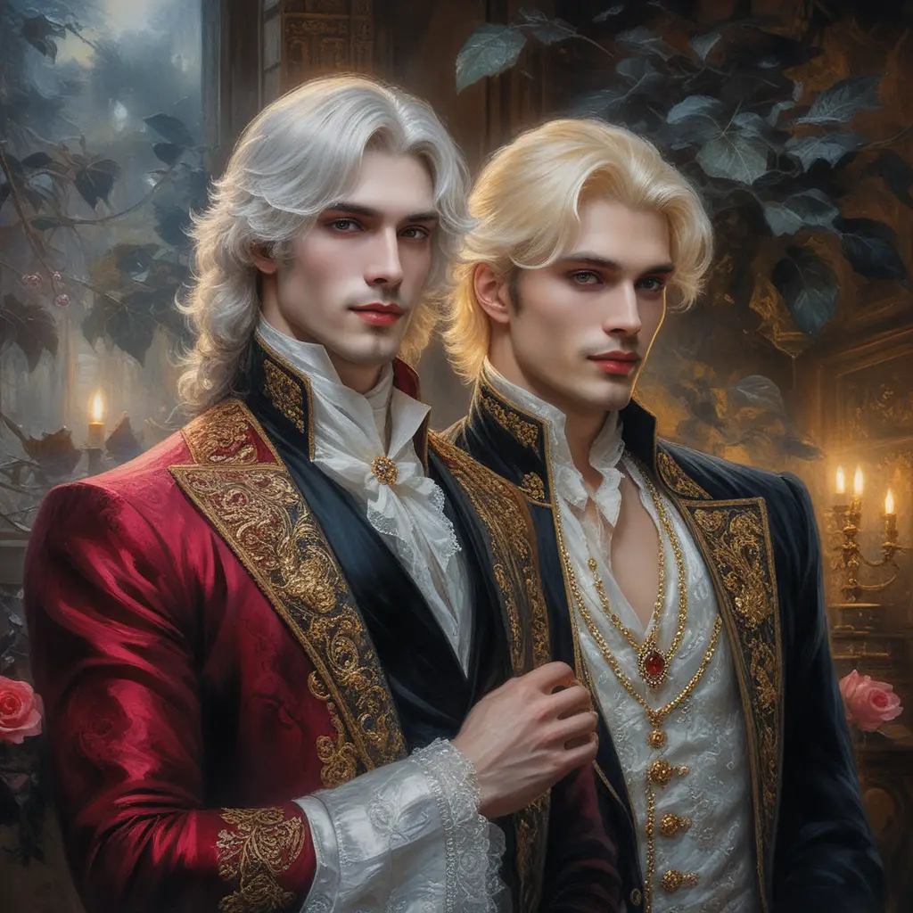Princes de fantasy baroque s’enlaçant dans une chambre au clair de lune