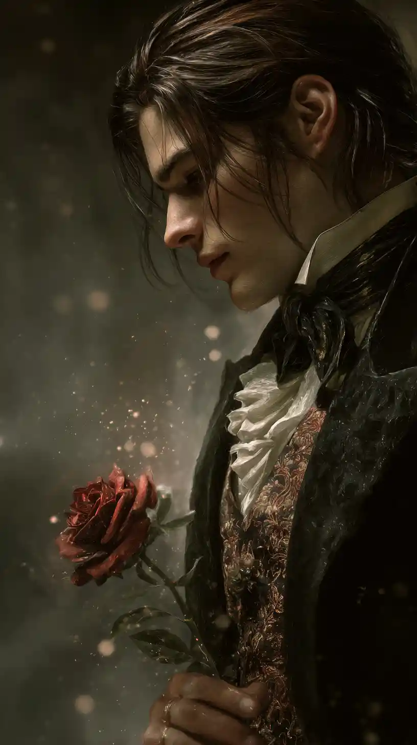 Victorian man holding red rose under magical night sky
