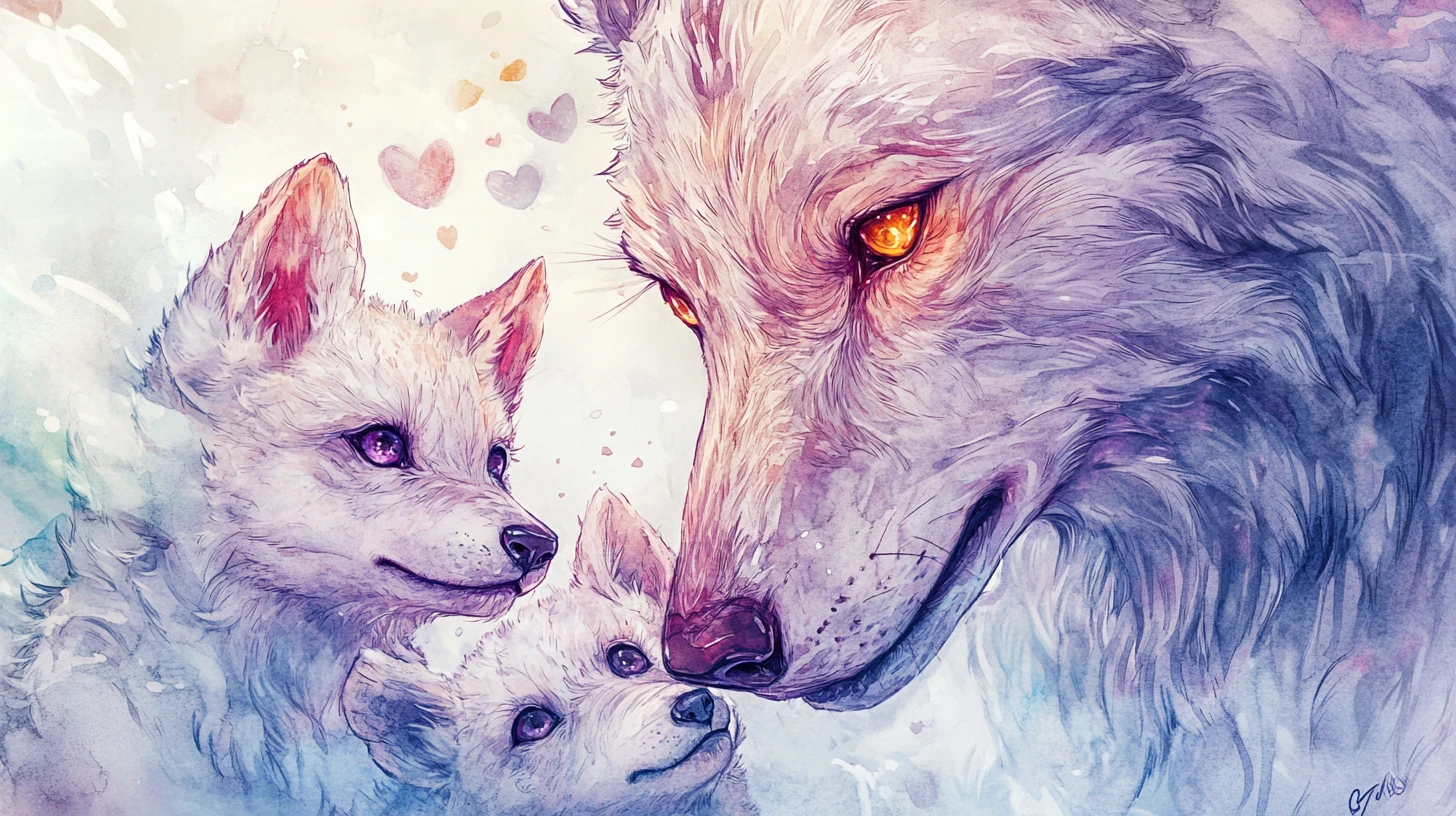 Pais lobos em aquarela abraçando filhotes fofos com olhos brilhantes
