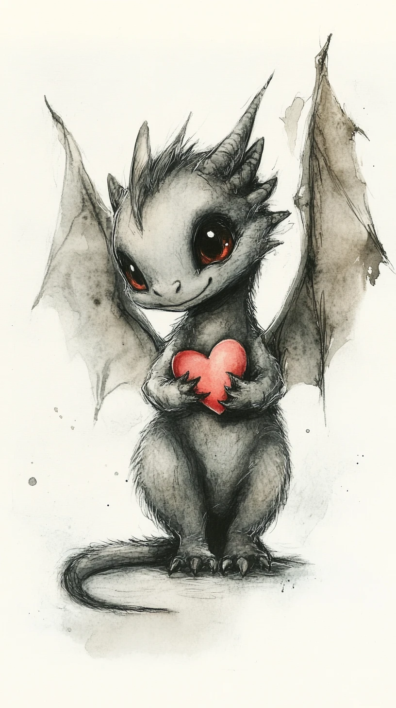 Niedliches Babydrache mit rotem Herz im Aquarellstil