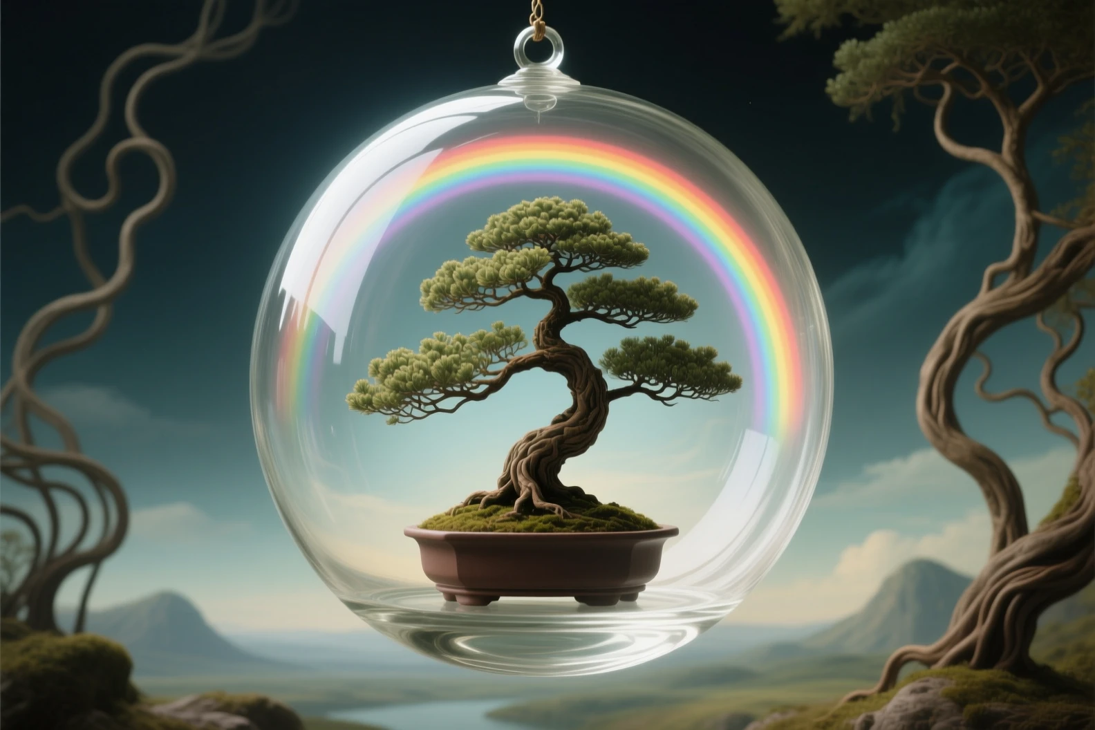 Zarter Bonsai-Baum in einer klaren Glaskugel mit Licht