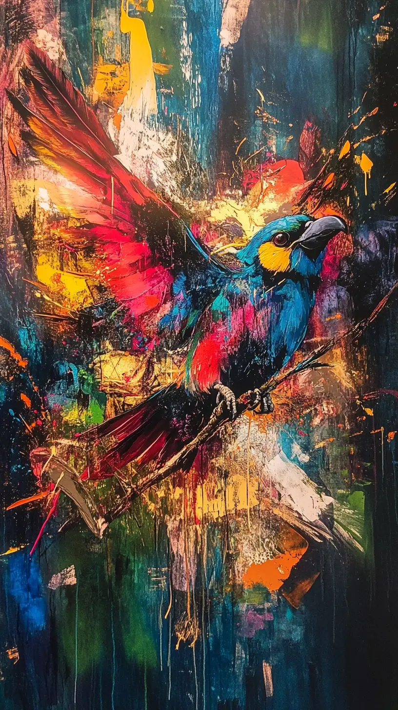 Farbenfrohes Dark-Fantasy-Graffiti mit weichen, federartigen Texturen