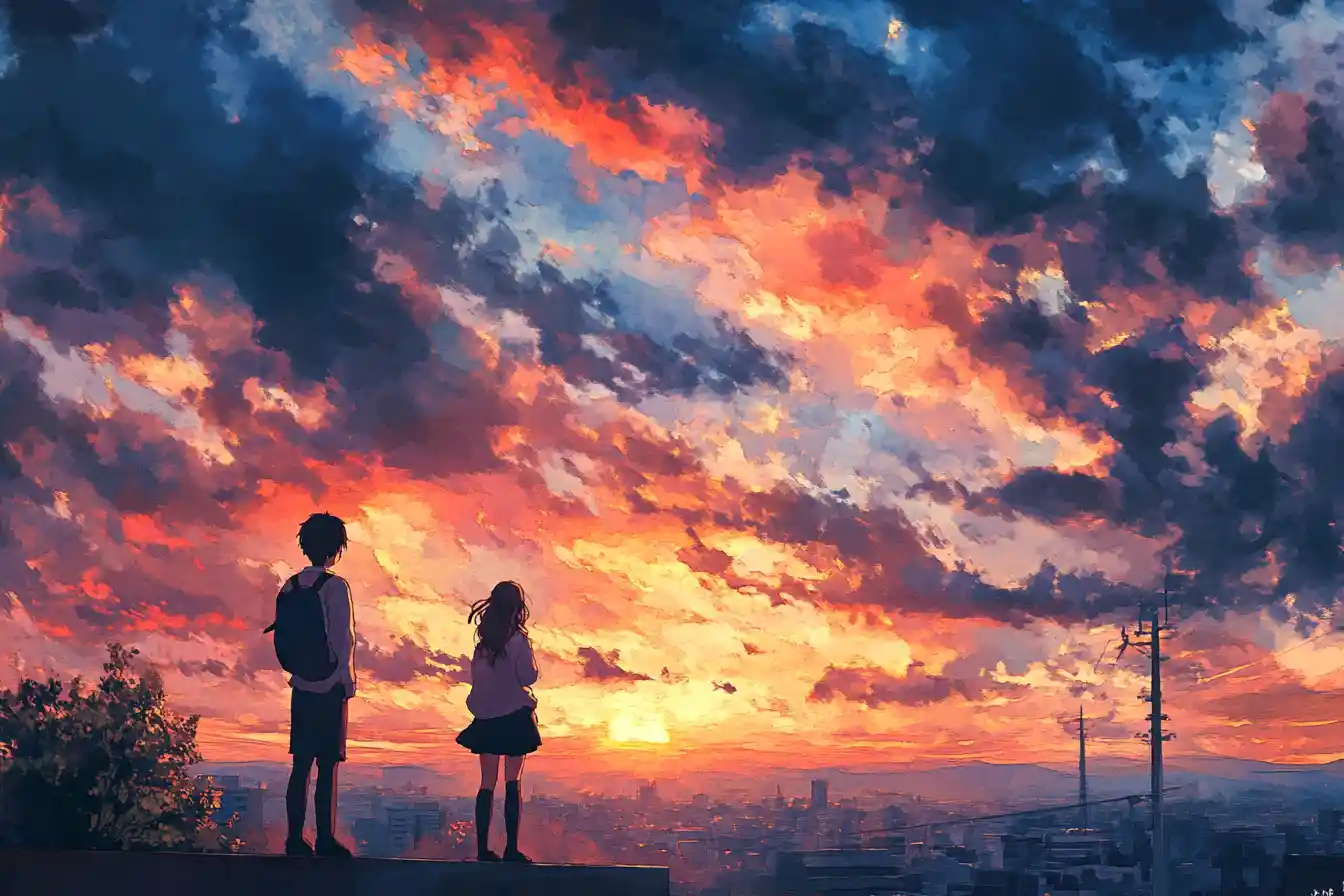 Studenti delle superiori sul tetto al tramonto in stile acquerello
