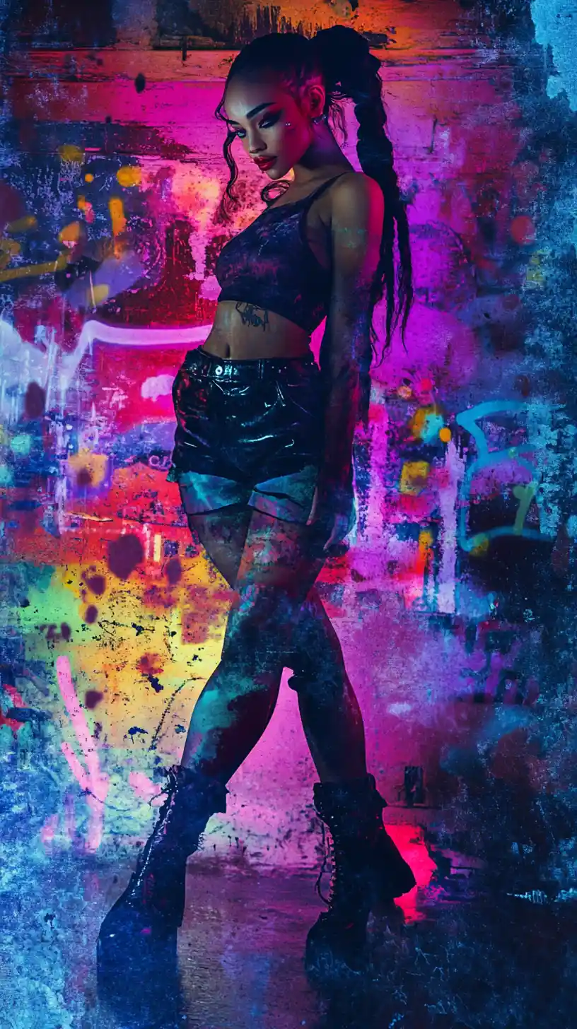 Principessa pop hip hop dal look edgy che posa davanti a murale urbano di graffiti
