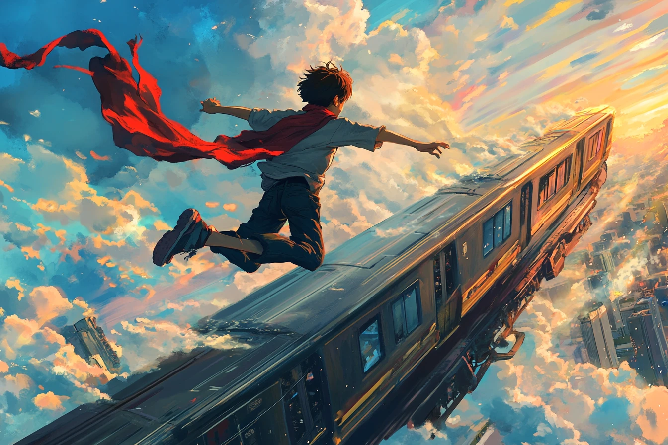 戴紅圍巾在空中列車上奔跑的少年