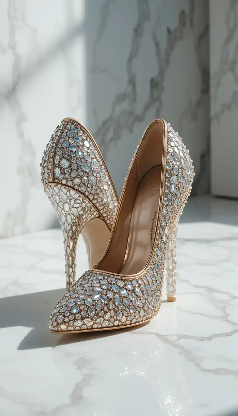 Scarpe con tacco alto di diamanti con dettagli dorati su pavimento in marmo