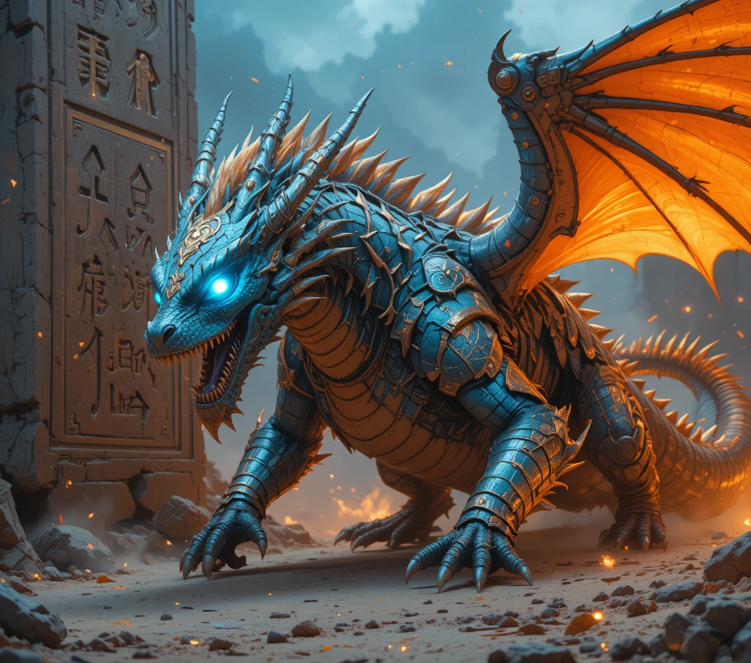 Fiero drago guardiano in stile anime che striscia accanto a una pietra incisa con rune