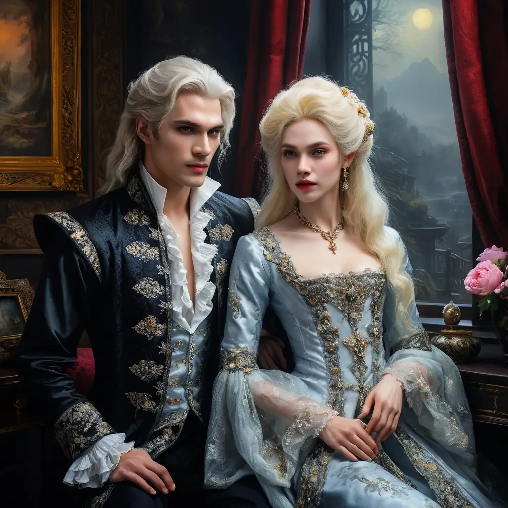 Princes baroques de fantasy s'enlaçant dans un salon baigné de clair de lune