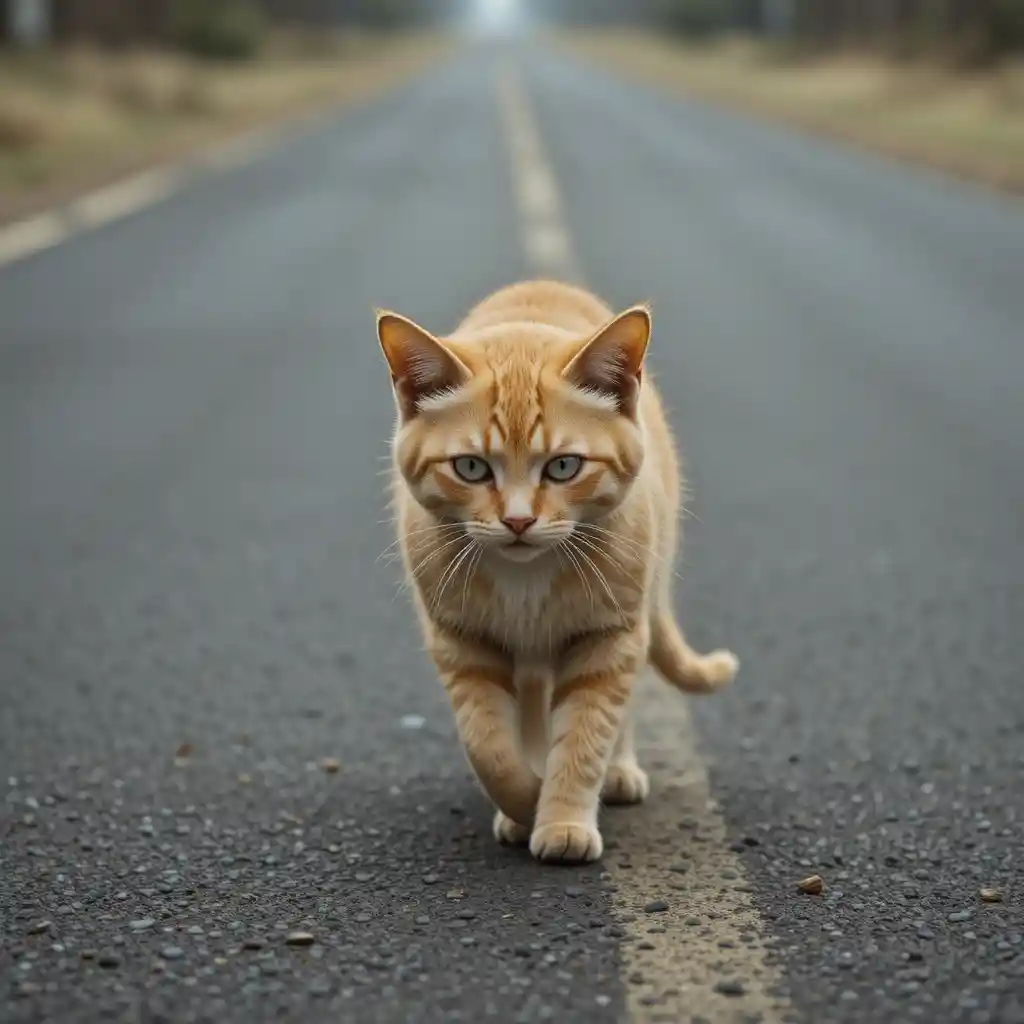 Gatto giallo solitario che cammina lentamente lungo una strada vuota