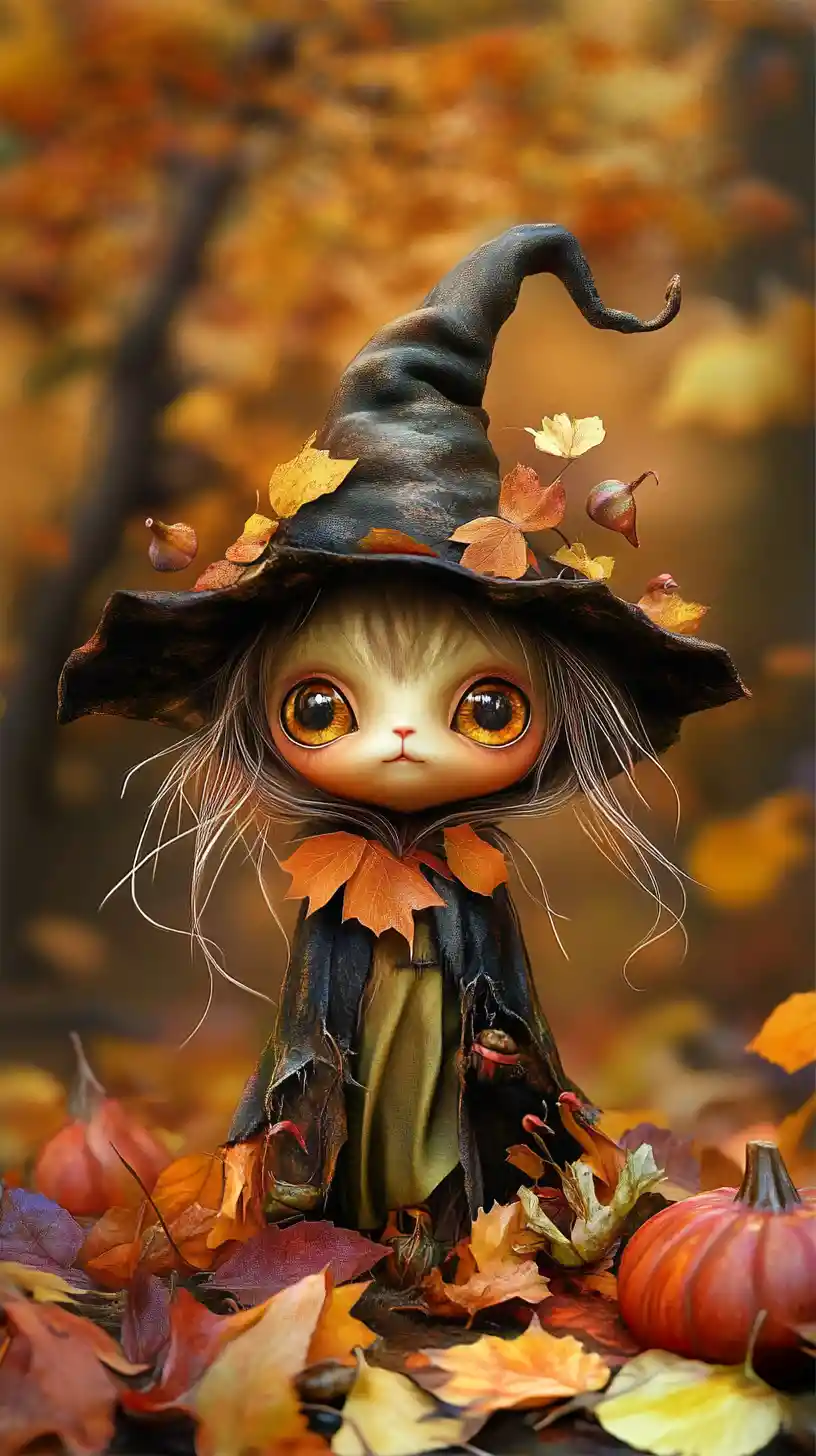 Whimsical fantasy creature in a vibrant halloween scene
