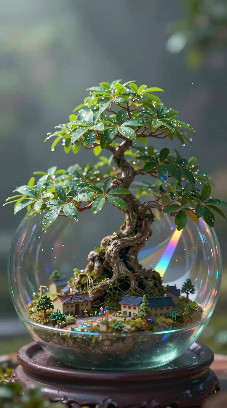 Overhead macro view of a bonsai tree in a glass sphere