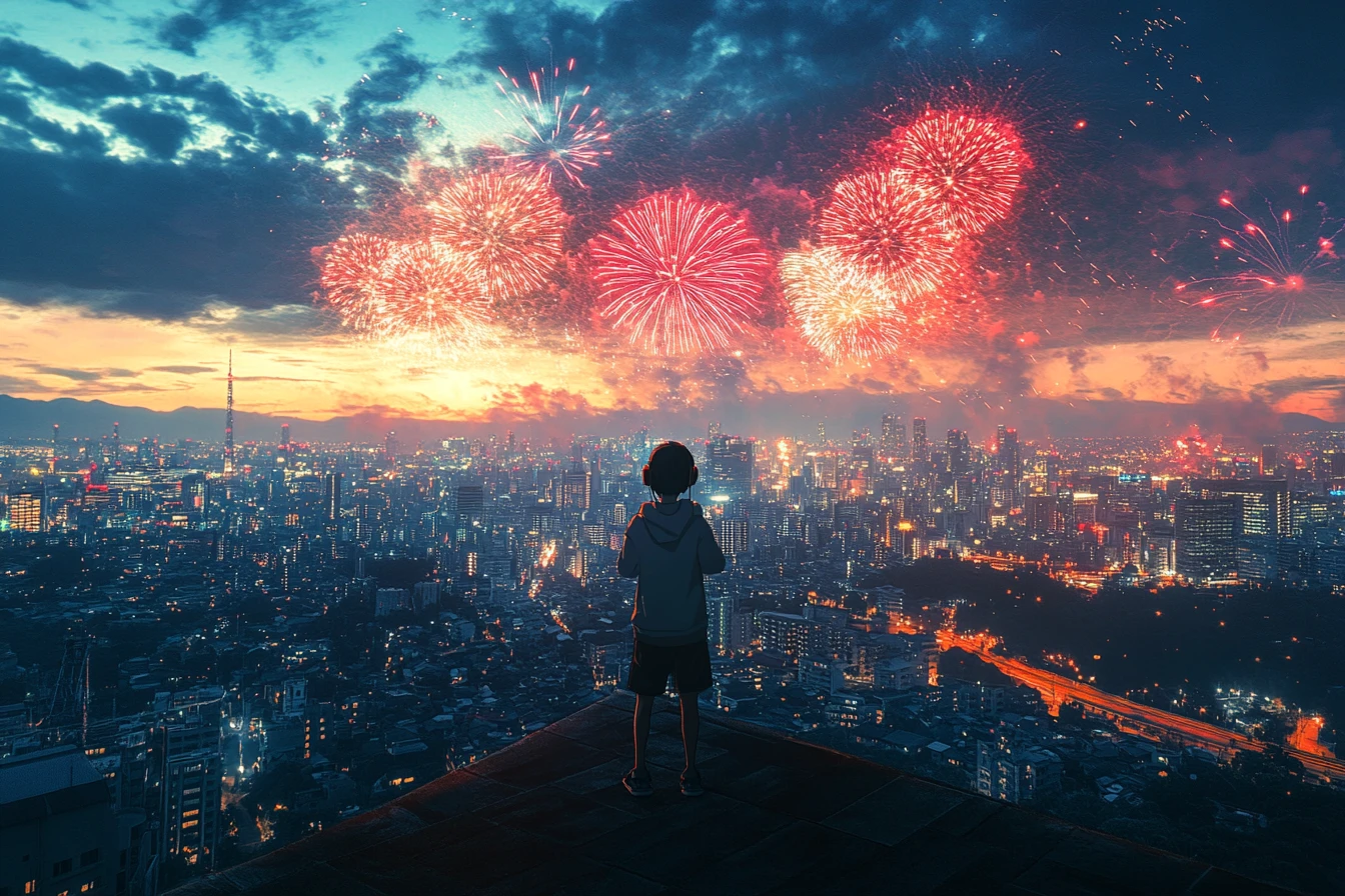 Garoto de anime em um telhado da cidade com fogos de artifício no céu