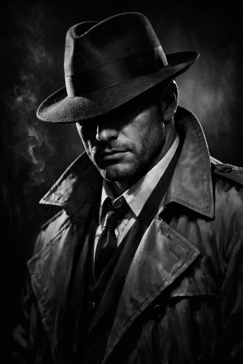 Ritratto noir in bianco e nero di un classico detective