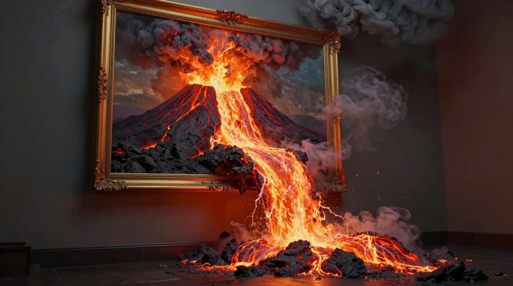 Lave Émergeant d’un Tableau Encadré dans une Pièce