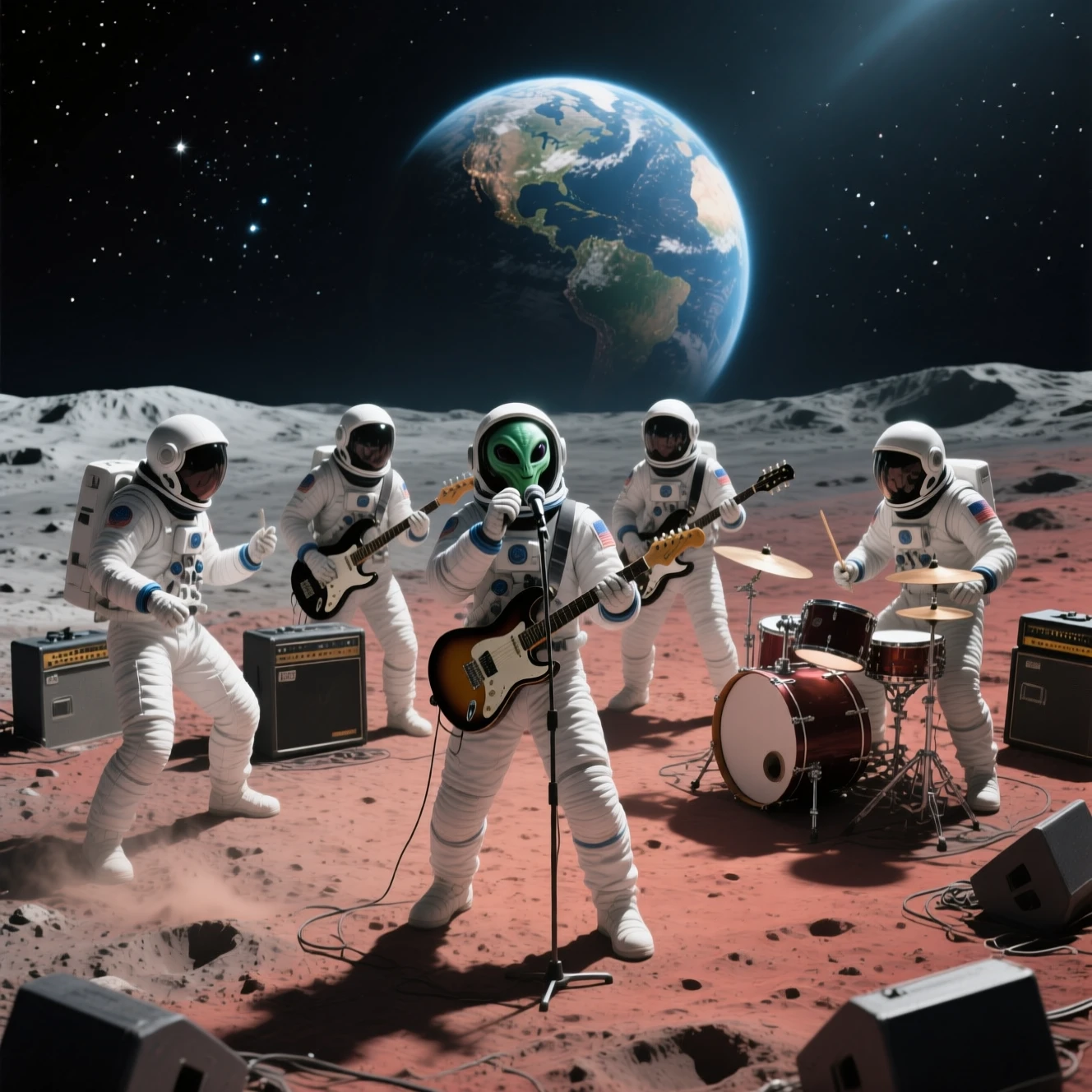 Alien-Astronauten-Rockband spielt auf dem Mond