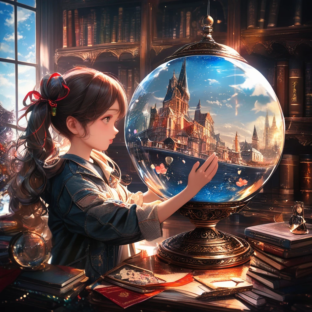 Menina com bola de neve mágica em uma biblioteca antiga