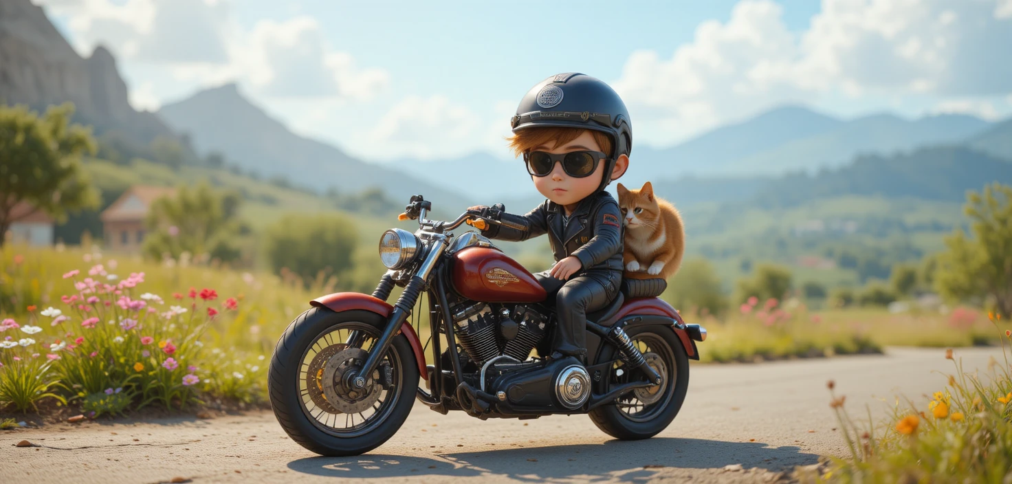 夏にネコのぬいぐるみと一緒にバイクに乗る小さなバイカー