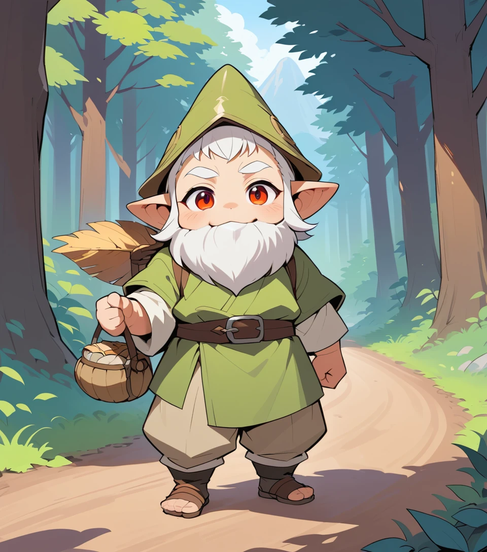 Gnome Voyageur Marchant sur un Chemin Forestier en Robes d’Écorce et de Feuilles
