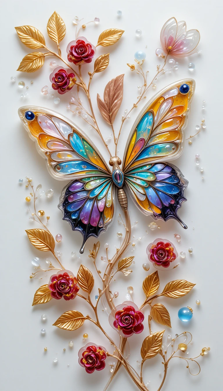 Abstract 3D butterfly with glass textures and berries