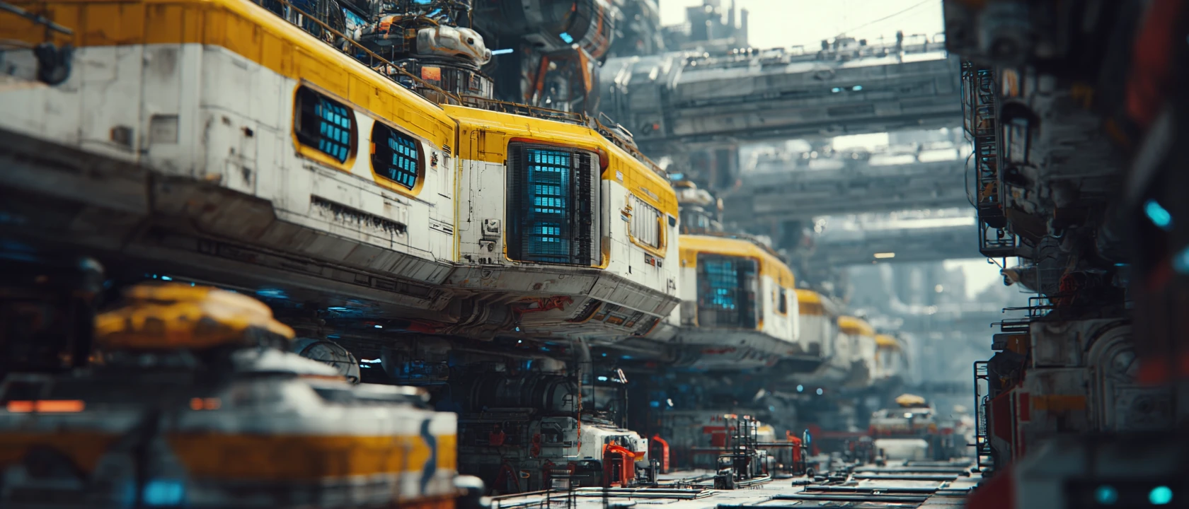 Estação espacial retrofuturista com iluminação cinematográfica no espaço profundo