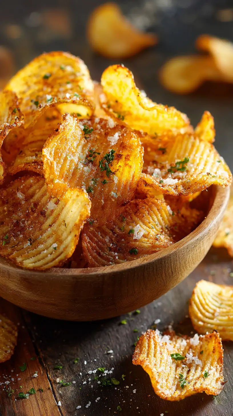 Chips de pommes de terre croustillantes dans un bol en bois rustique sur la table