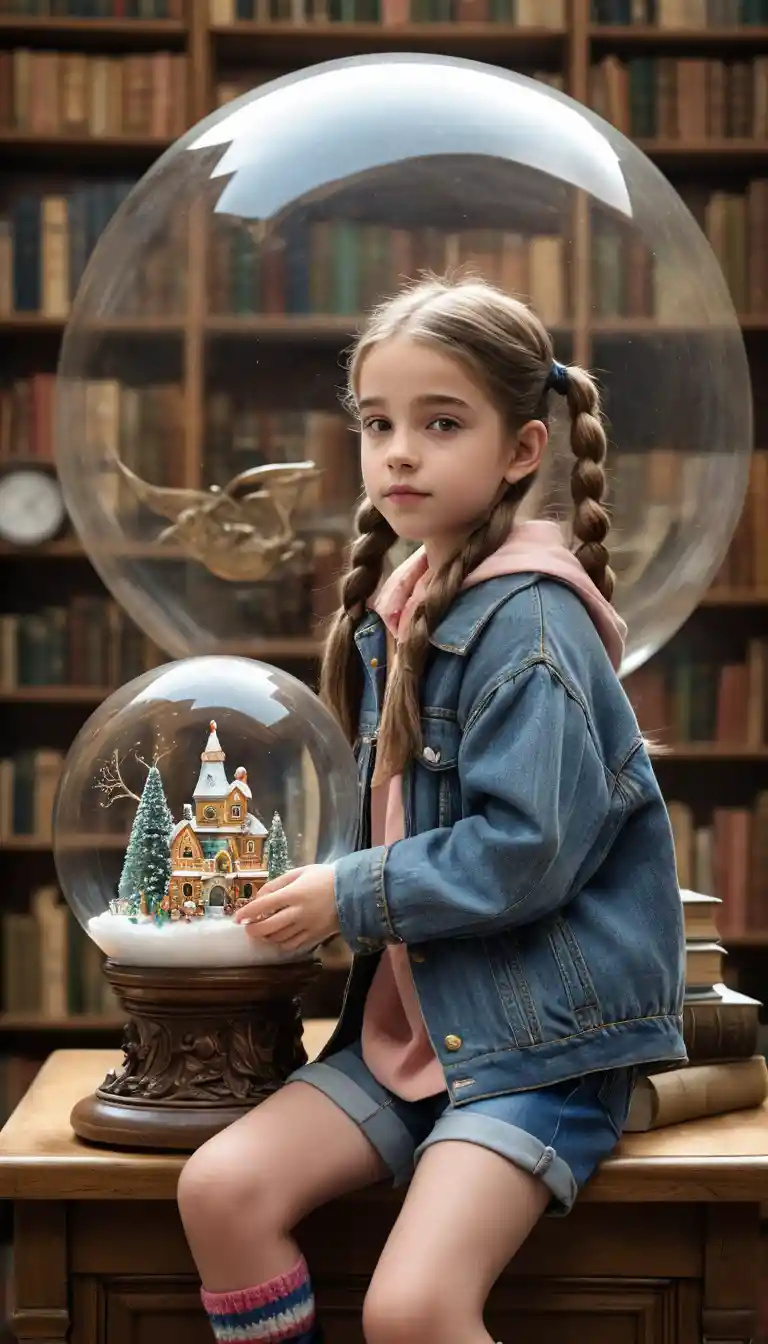 Ragazza che tiene un magico globo di neve in una biblioteca antica