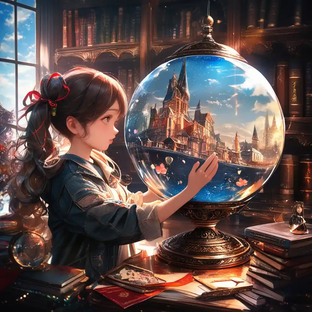 Ragazza con palla di neve magica in una biblioteca antica