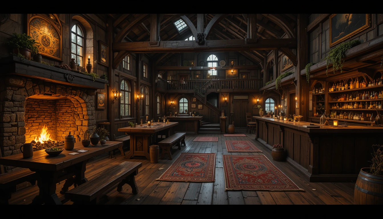 Intérieur de taverne médiévale chaleureuse avec foyer et poutres en bois
