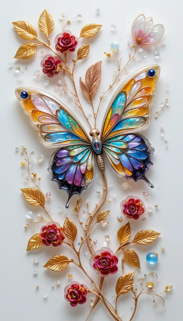 Abstract 3D butterfly with glass textures and berries