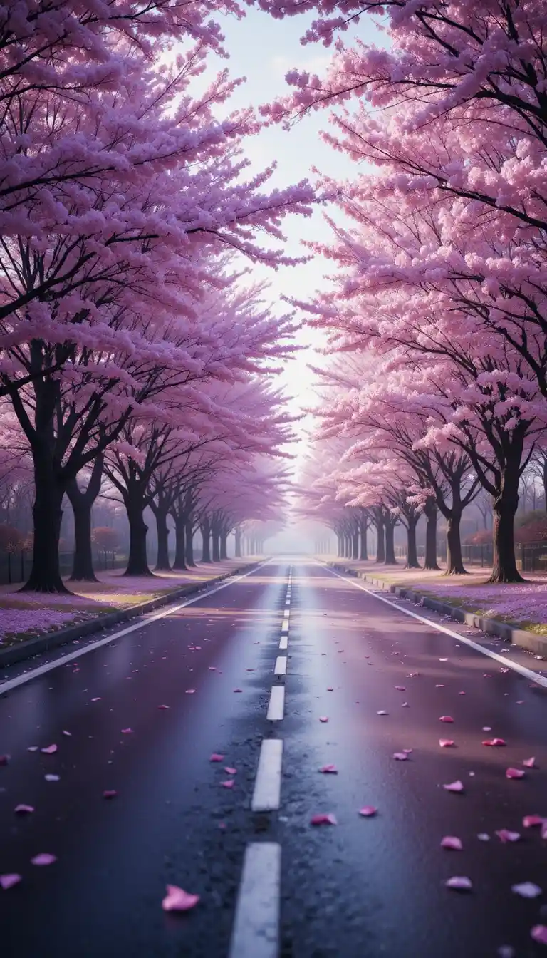 Carretera primaveral cinematográfica flanqueada por cerezos en flor
