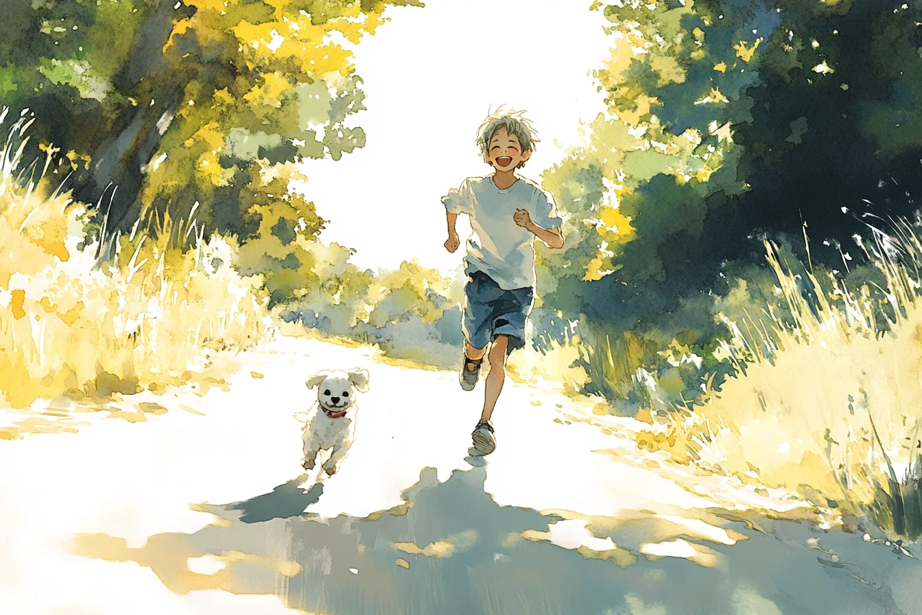 Teenage boy running with white dog on country road