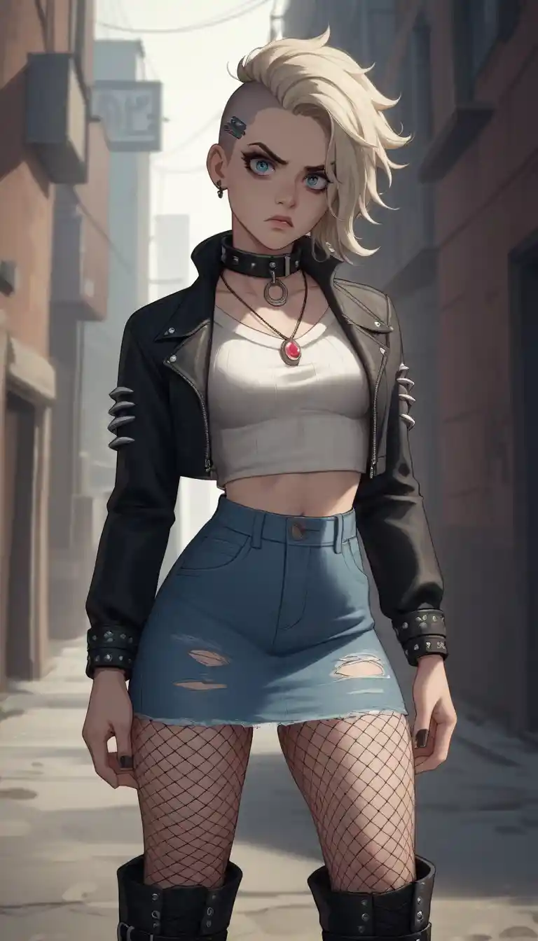 Edgy platinum blonde woman in alley with punk fashion